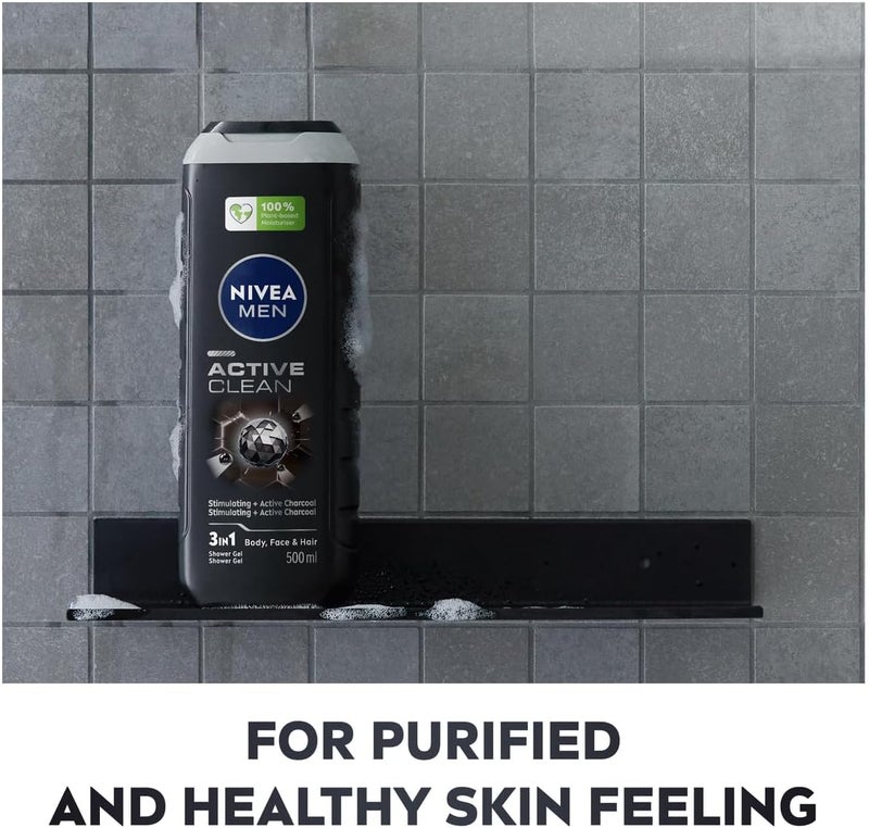 NIVEA MEN Active Clean 3in1 Shower Gel with Active Charcoal, 3x500ml - Image 4